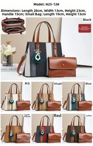 Detailed view of textured striped tote bag set with dimensions and charms