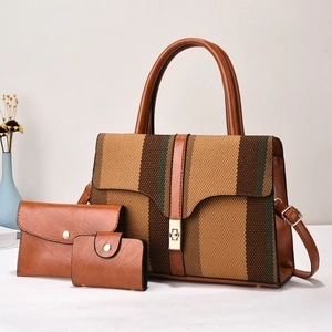 Ensemble 3 pièces avec grand cabas en toile rayée, pochette et portefeuille brun