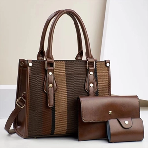 Ensemble de 3 sacs cabas en tissu marron et cuir avec texture contrastée pour femme