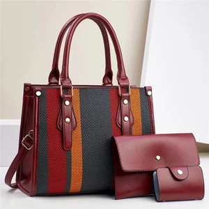 Sac Cabas Femme Toile Rayée Et Cuir PU Avec Pochette Et Porte-Cartes Grande Capacité Sac À Main Décontracté Couleur Contrastée