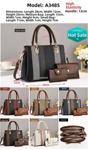 Three-piece handbag set featuring woven texture, size details, and six color options