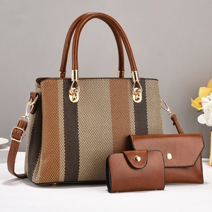 Elegant Striped Tote Bag Envelope Clutch And Card Holder PU Leather Large Capacity Contrast Color Fashionable Women