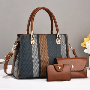 Retro contrast stripe 3-piece bag set with tote, crossbody pouch and wallet