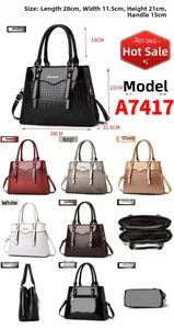 Detailed views of high-gloss lizard pattern handbag showing dimensions and multi-color options