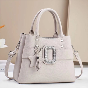 Elegant light grey lychee pattern tote bag with rhinestone buckle and star pendant