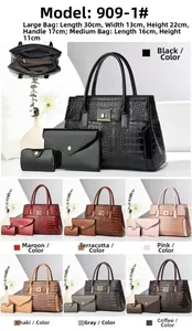 Dettaglio set borsa tote a motivo coccodrillo, pochette a busta e mini borsellino con chiusura oro