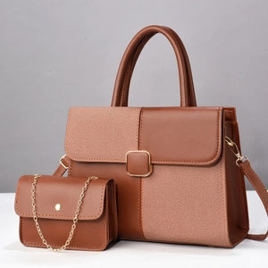 Brown leather and fabric patchwork tote bag set with matching chain shoulder bag