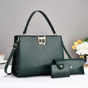 Three-piece dark green faux leather handbag set with gold B logo and pebble texture