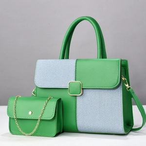 Green and blue contrast faux leather tote bag set with mini gold chain shoulder bag