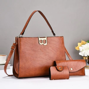 Brown lychee-texture leather tote bag set including three pieces with metal B-buckle