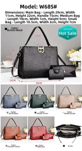 Detailed size specifications for the three-piece faux leather tote bag set with metal B logo