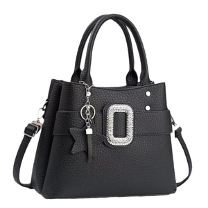 Elegant black lychee textured leather tote bag with rhinestone buckle and star charm detail