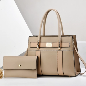 Large capacity khaki tote bag with matching pouch in premium faux leather design