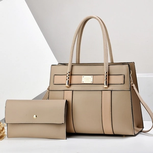 Two-piece khaki tote bag set with matching wallet and adjustable shoulder strap