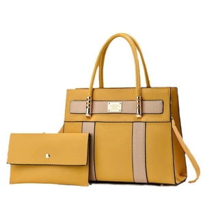 Two-piece yellow and beige contrast tote bag with matching wallet and shoulder strap