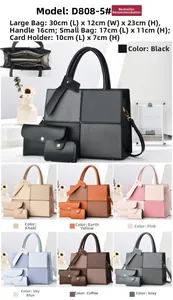 Three-piece tote bag set including large handbag and pouch with dimensions information