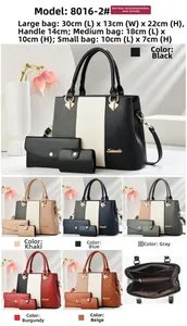 Dettagli dimensionali del set di tre borse: borsa a mano, pochette e portamonete mini