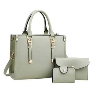 Three-piece pale green leather tote bag set including handbag, clutch and card holder
