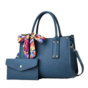 Navy blue lychee pattern PU leather tote bag set with silk scarf and matching wallet