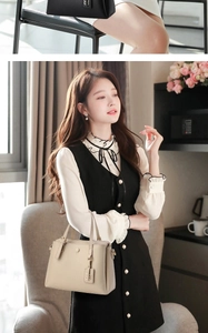 Detailed macro view of the premium lychee pattern texture on this beige leather handbag
