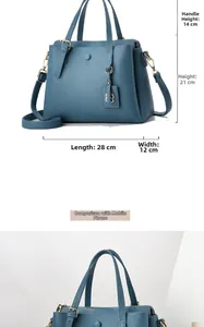 Blue lychee textured handbag details showing 28cm width and mobile phone size comparison