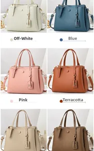 Litchi pattern leather handbags in six colors including beige, blue, and pink