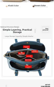 Internal structure of blue litchi grain leather tote with multiple compartments