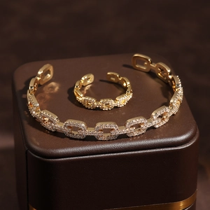 Luxury gold hollow zircon geometric bracelet and ring set with sparkling crystals