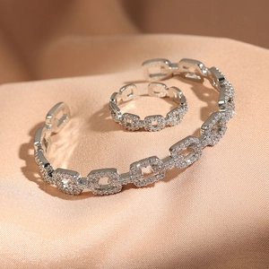 Luxury Zircon Geometric Link Jewelry Copper Plated Full Pave Rhinestone Open Adjustable Bracelet And Ring