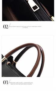 Detail of smooth golden zipper and comfortable contrast brown handle on black handbag