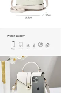 Detail view of cream white bucket bag showing 18.5cm dimensions and capacity comparison