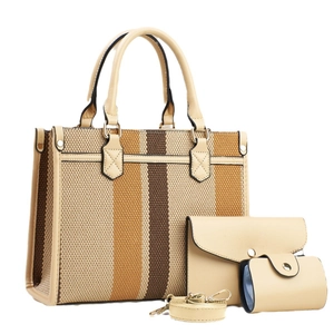 Set borse da donna 3 pezzi in tessuto a righe con pochette abbinata e porta carte