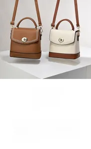 Detail of vintage contrast color bucket bag with lychee grain leather and gold metal lock