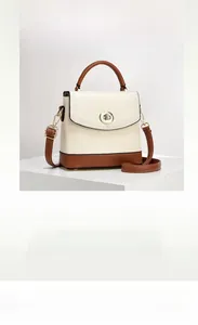 Detail of lychee textured leather bucket bag with gold db metal clasp and contrast colors
