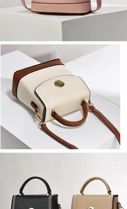 Detailed views of multi-color leather bucket bags with top handles and adjustable straps