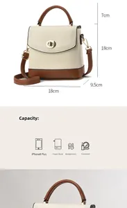 Detailed dimensions of contrast color bucket bag with crossbody strap and gold lock