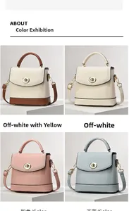Detail of color-block bucket bag showing lychee leather texture and metal buckle