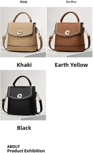 Detail view of khaki, yellow and black bucket bags with pearl trim and metal twist locks