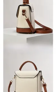 Detail of color-block bucket bag showing side and back views with refined gold hardware