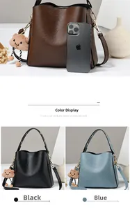 Detailed comparison of bucket bags in three colors with a plush bear charm and phone size scale