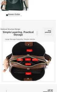 Detail view of the green bucket bag showing a multi-layer interior with brown lining