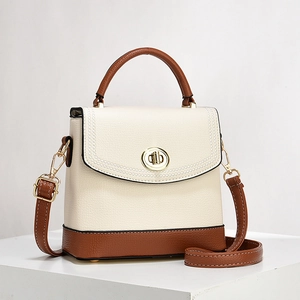 Women Fashion PU Leather Shoulder Bag Litchi Grain Crossbody Handbag Contrast Stitching Turn Lock Daily