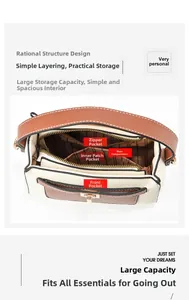Vue intérieure d'un sac bandoulière bicolore montrant les compartiments et les poches