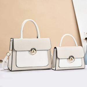 Chic cream crossbody bag set with woven texture flap and gold ring hardware detail