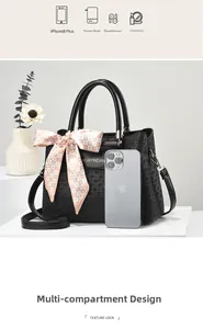 Black woven texture handbag with silk scarf detail showing spacious multi-layer storage