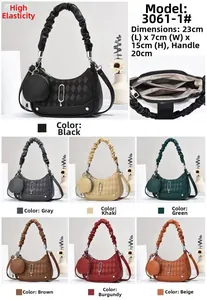 Detailed size guide and color options for quilted shoulder bags with round pouch