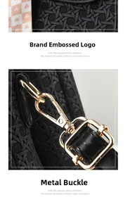 Detail of high-end black woven tote bag with premium gold metal buckle and embossed logo