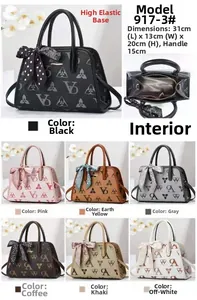 Detail view of large printed tote bags showing seven colors with silk scarf handles