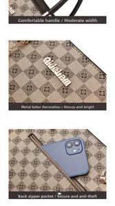 Détails de la poignée confortable, du logo doré et de la poche arrière zippée antivol