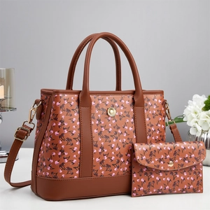 Two-piece dark brown cherry print tote bag and envelope pouch set for women